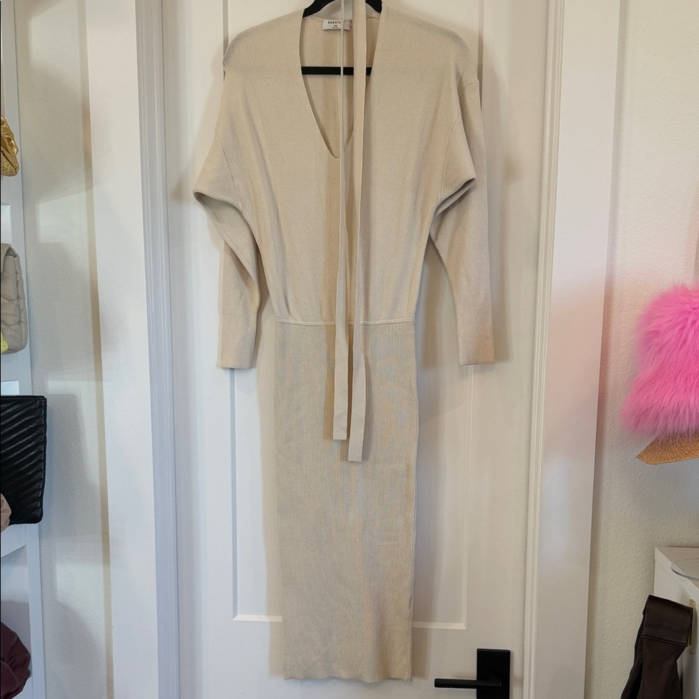 Babaton Cream Ribbed Knit Midi-Sweater Dress
